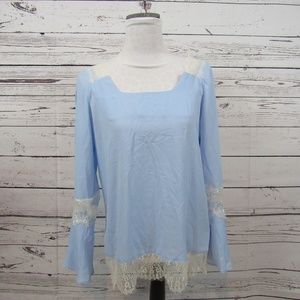 NY Collection blue blouse with creamy ivory lace